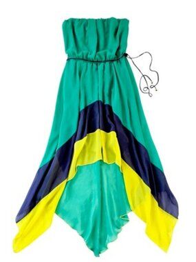 Paper Doll Women's Strapless Maxi Dress Size Large Green Yellow Blue Vacation